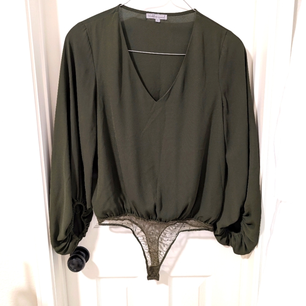 3/$10 Wishlist Apparel Olive Green Balloon Sleeve Bodysuit Top